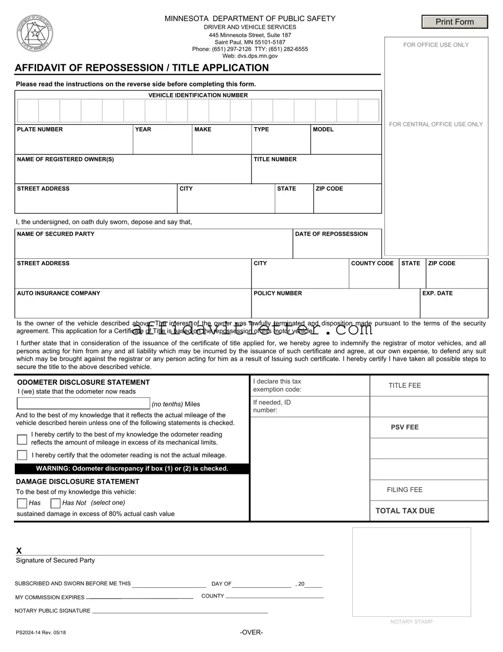 Download Affidavit Of Repossession Minnesota Template