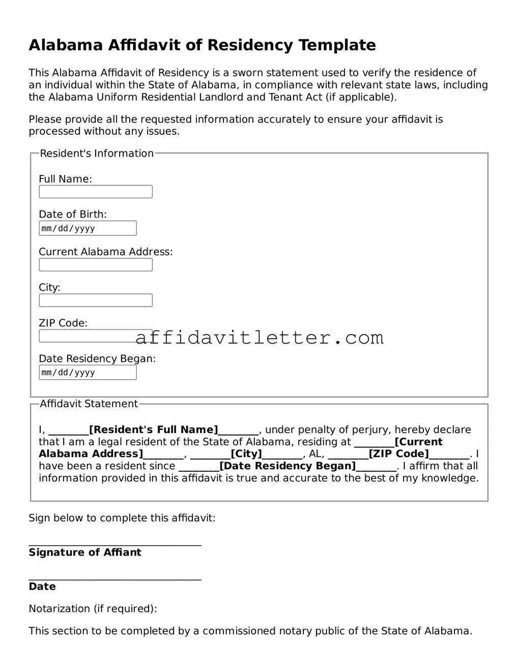 Blank Alabama Affidavit of Residency Template