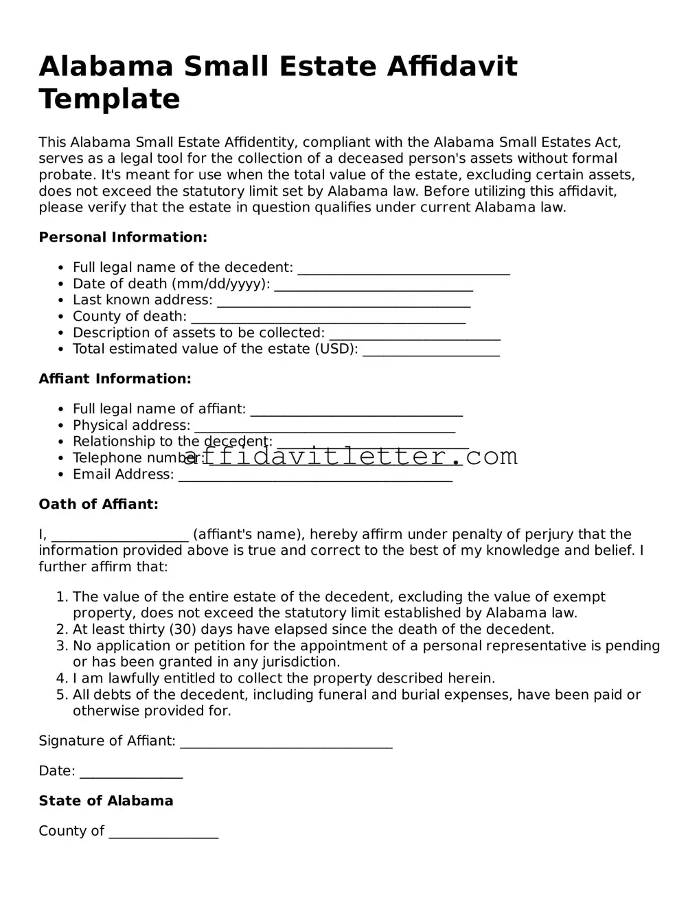 Blank Alabama Small Estate Affidavit Template