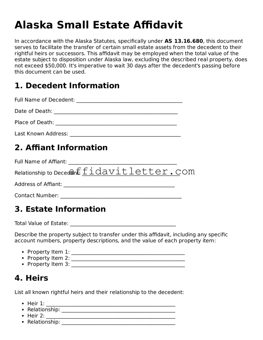 Blank Alaska Small Estate Affidavit Template