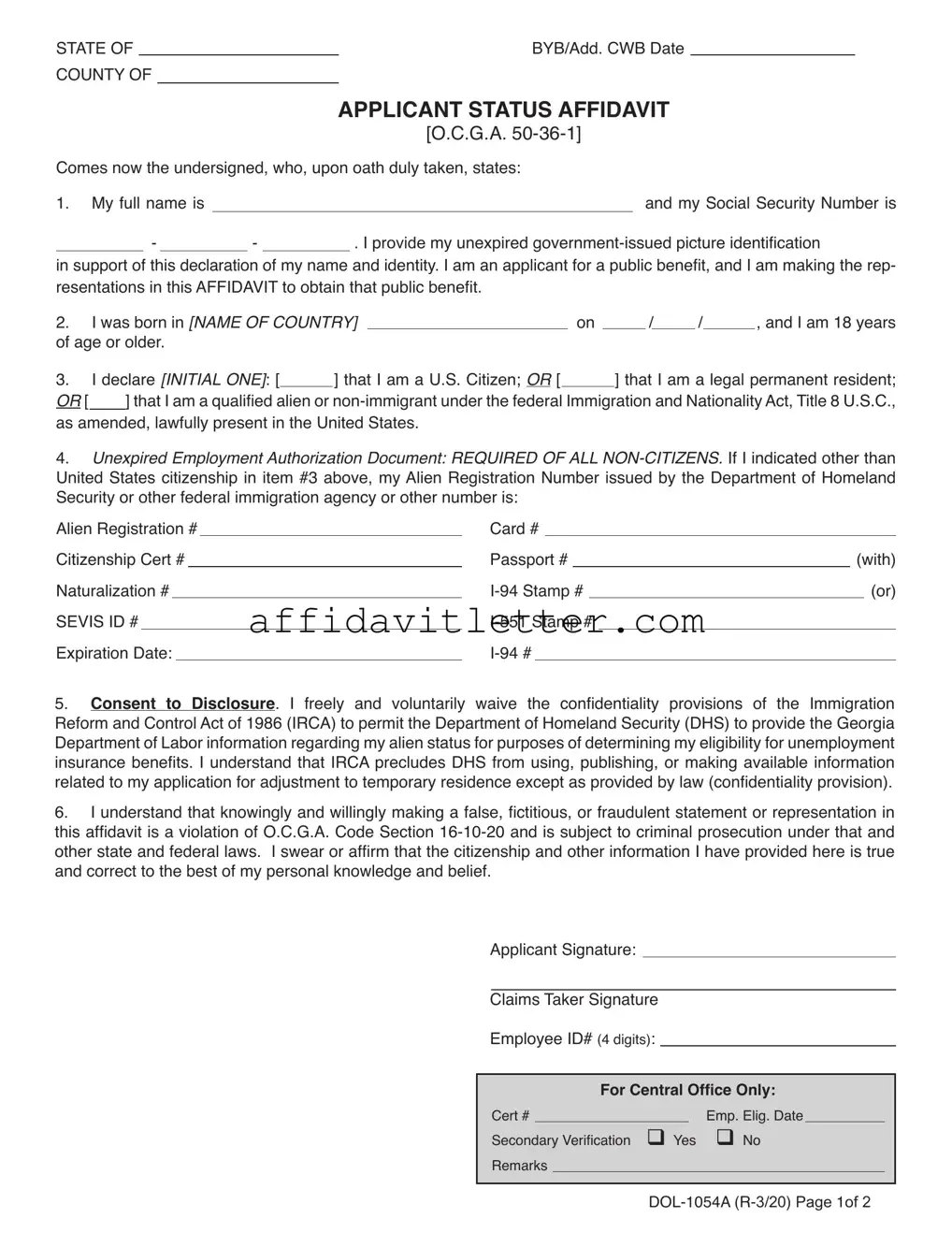 Download Applicant Status Affidavit Template