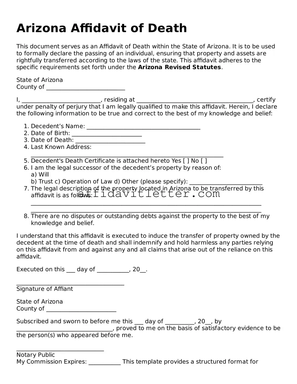 Blank Arizona Affidavit of Death Template
