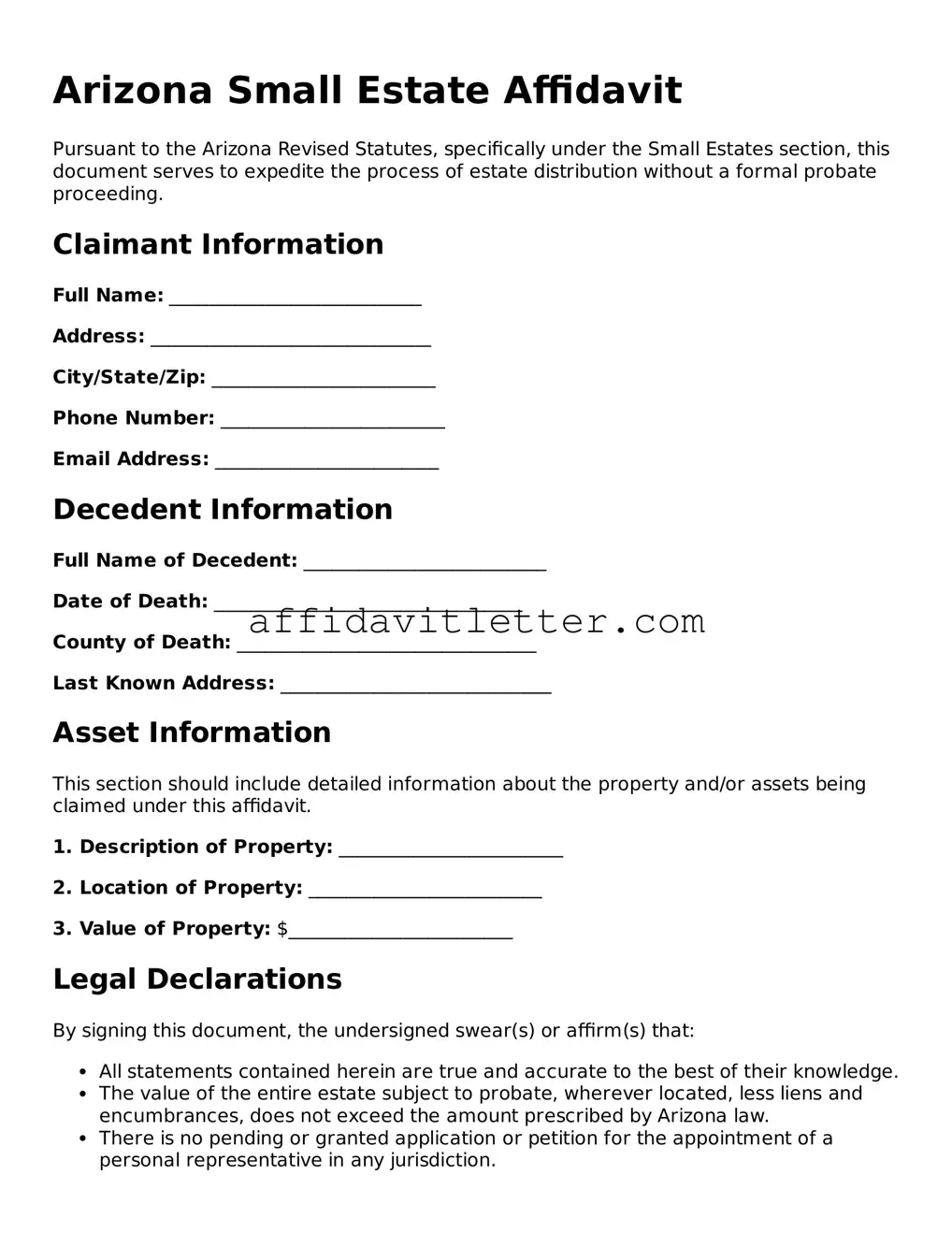 Blank Arizona Small Estate Affidavit Template