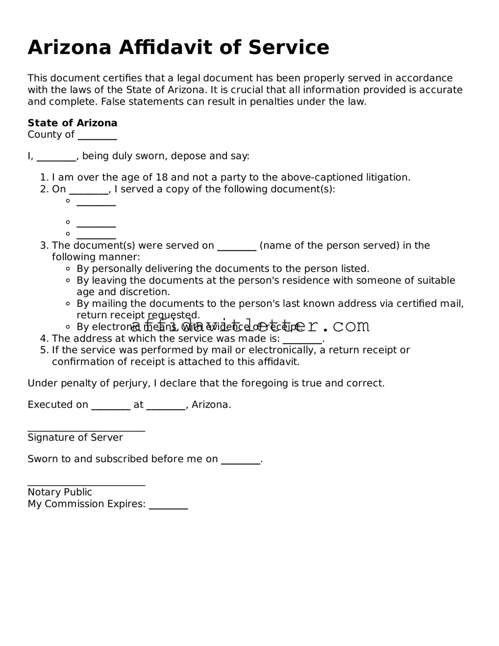 Blank Arizona Affidavit of Service Template