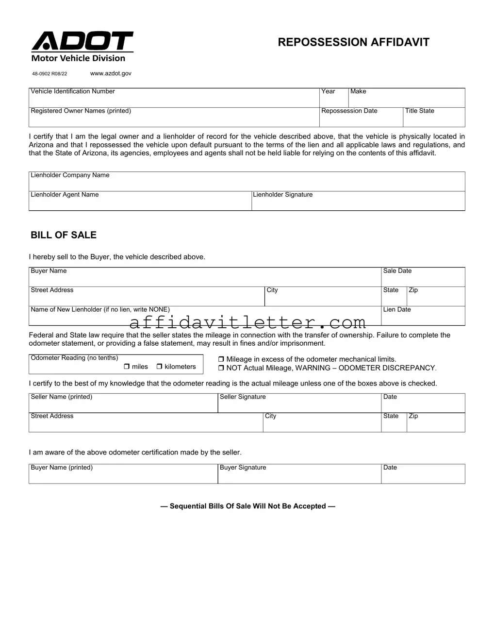 Download Arizona Repossession Affidavit Template