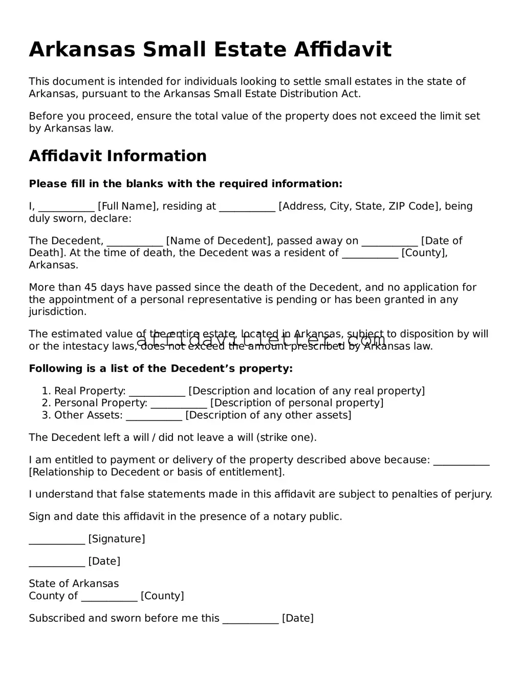 Blank Arkansas Small Estate Affidavit Template