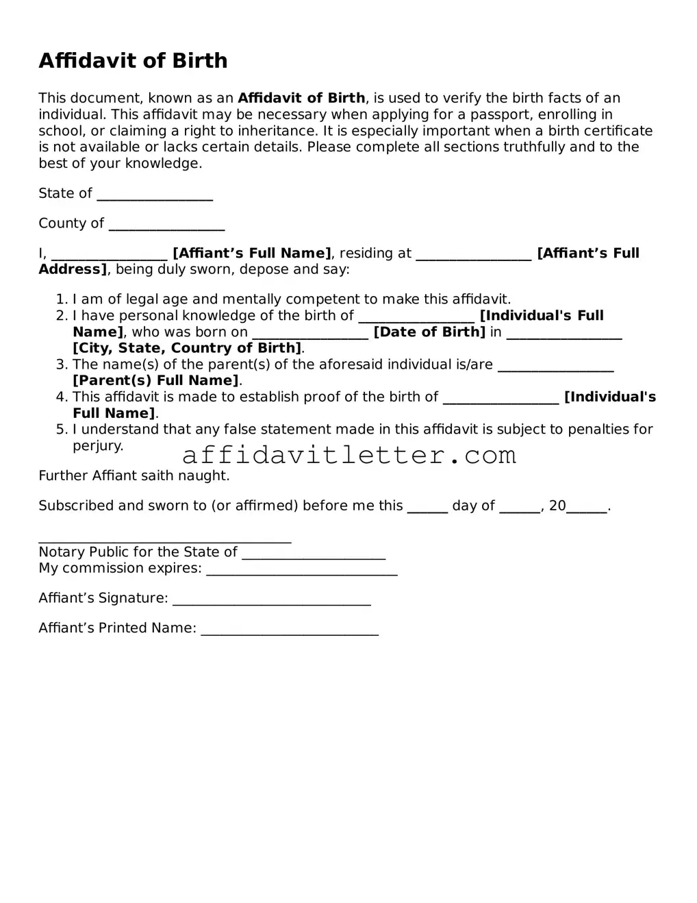 Attorney-Approved Affidavit of Birth Template