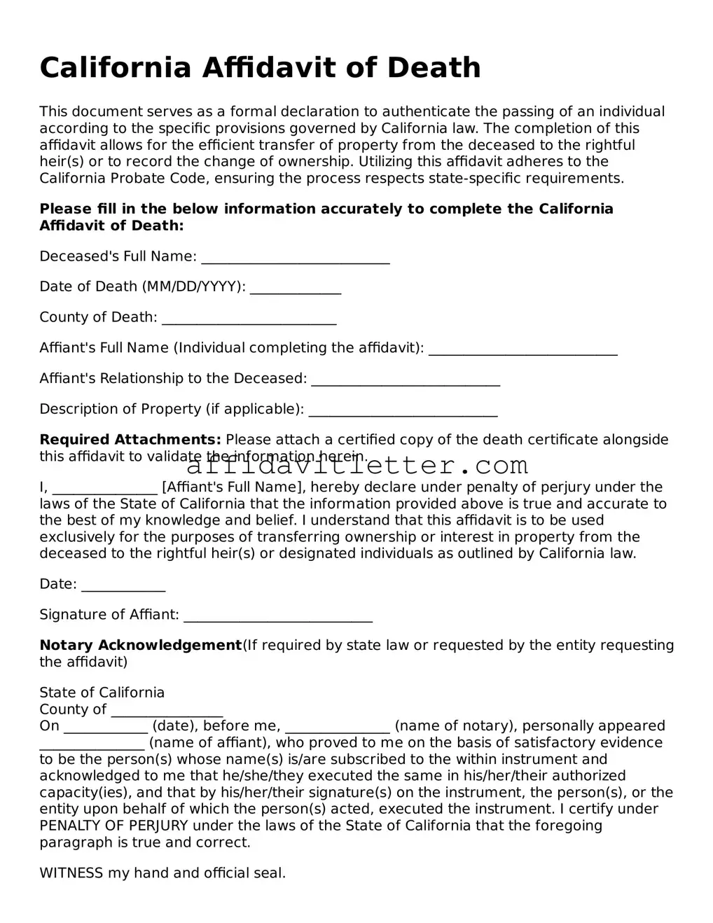 Blank California Affidavit of Death Template