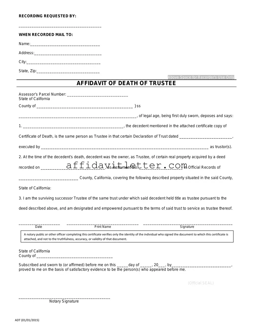 Download California Affidavit of Death of a Trustee Template