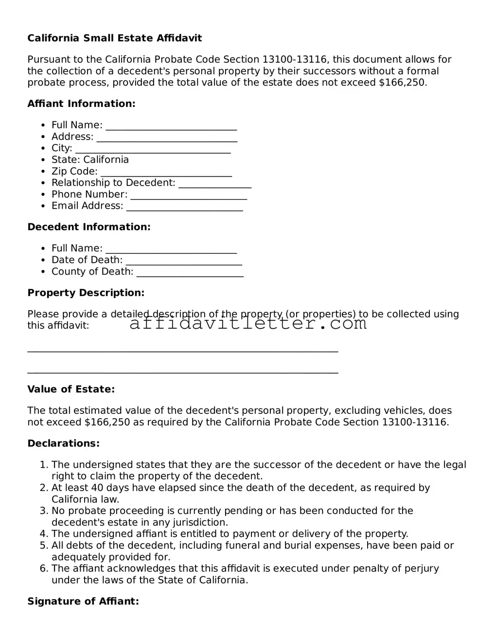 Blank California Small Estate Affidavit Template