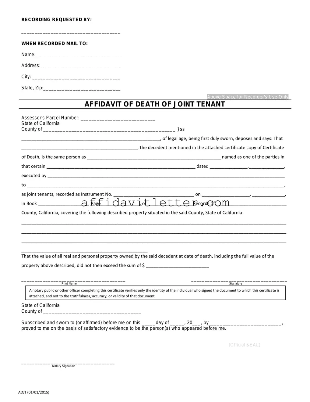 Download California Death of a Joint Tenant Affidavit Template