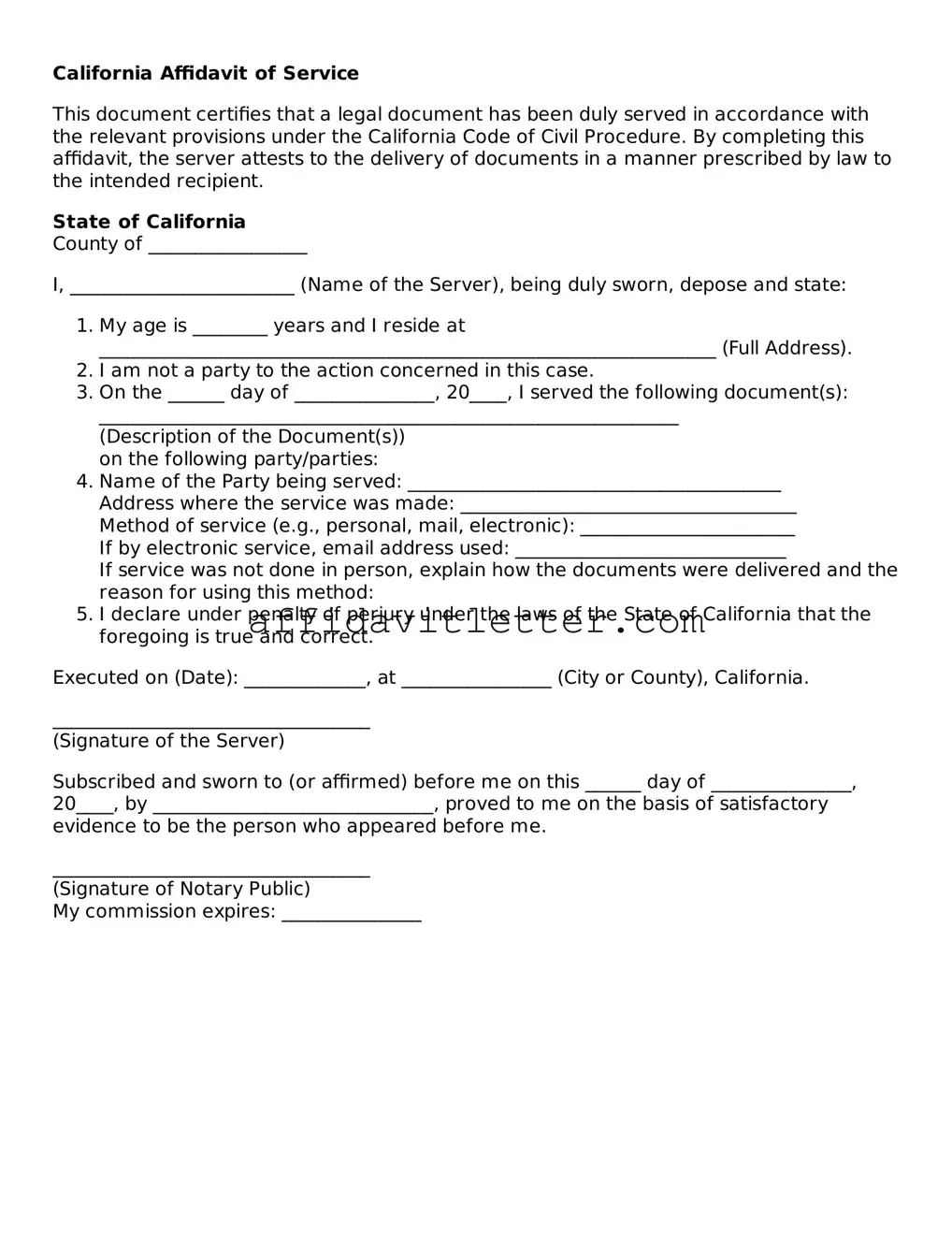 Blank California Affidavit of Service Template