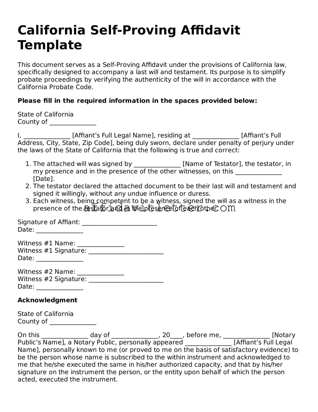 Blank California Self-Proving Affidavit Template