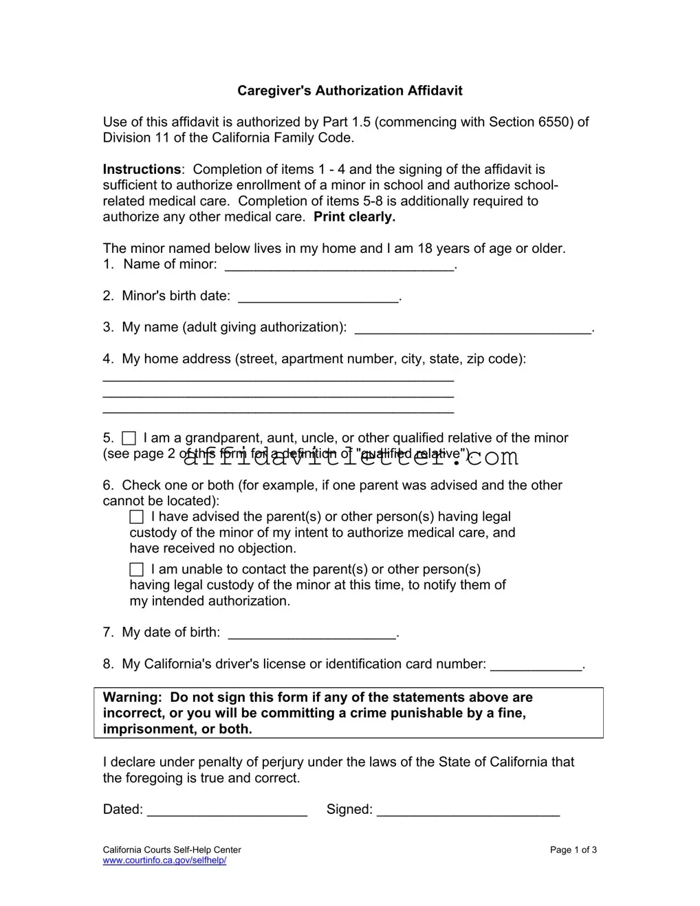 Download Caregivers Authorization Affidavit Template