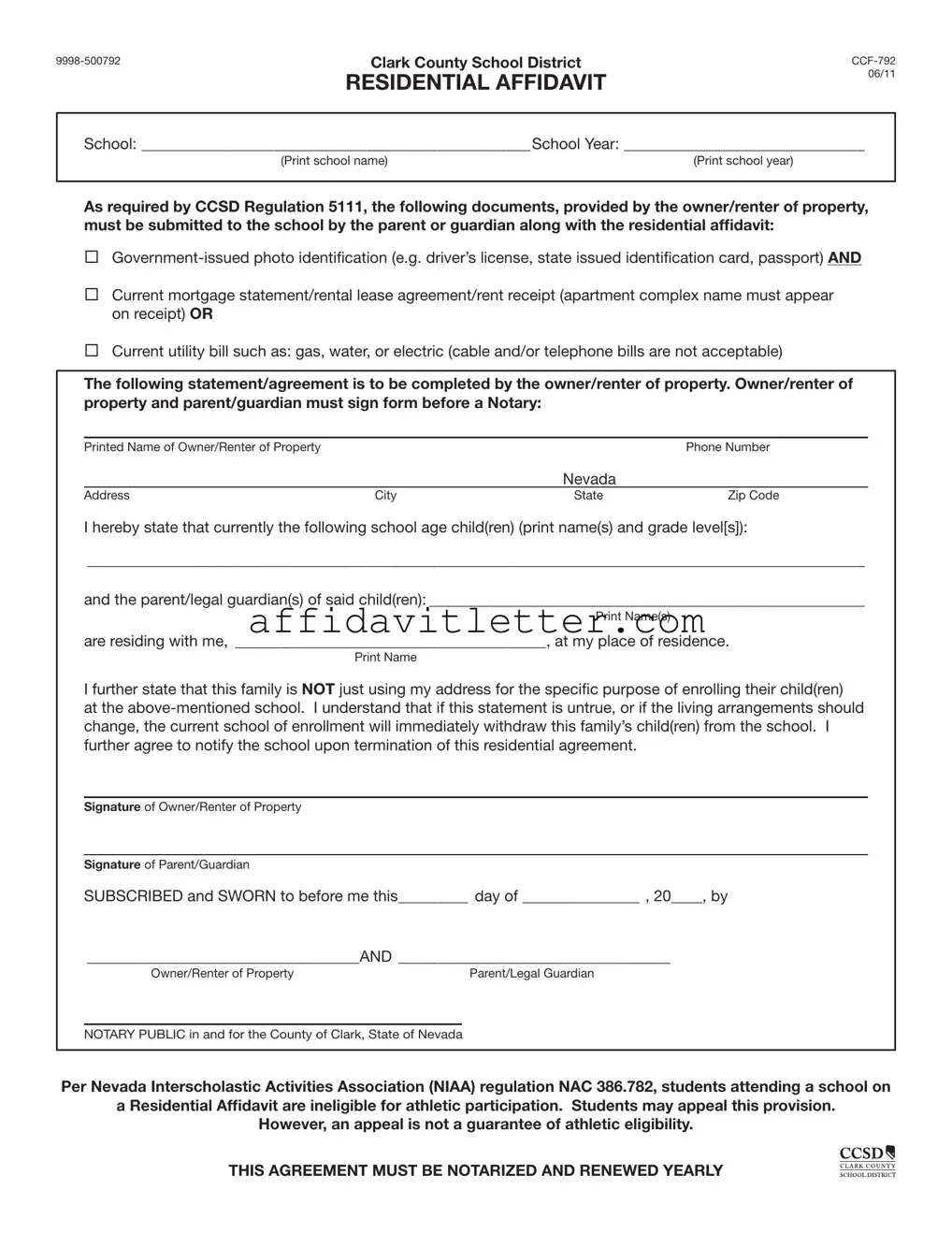 Download Ccsd Residential Affidavit Template