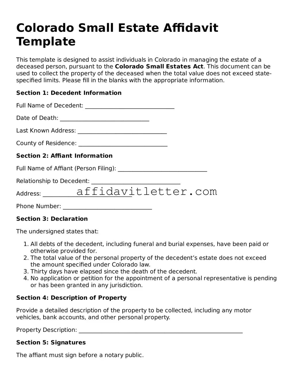 Blank Colorado Small Estate Affidavit Template