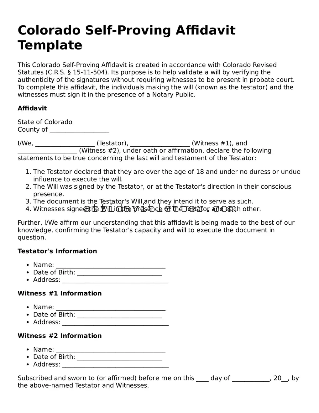 Blank Colorado Self-Proving Affidavit Template