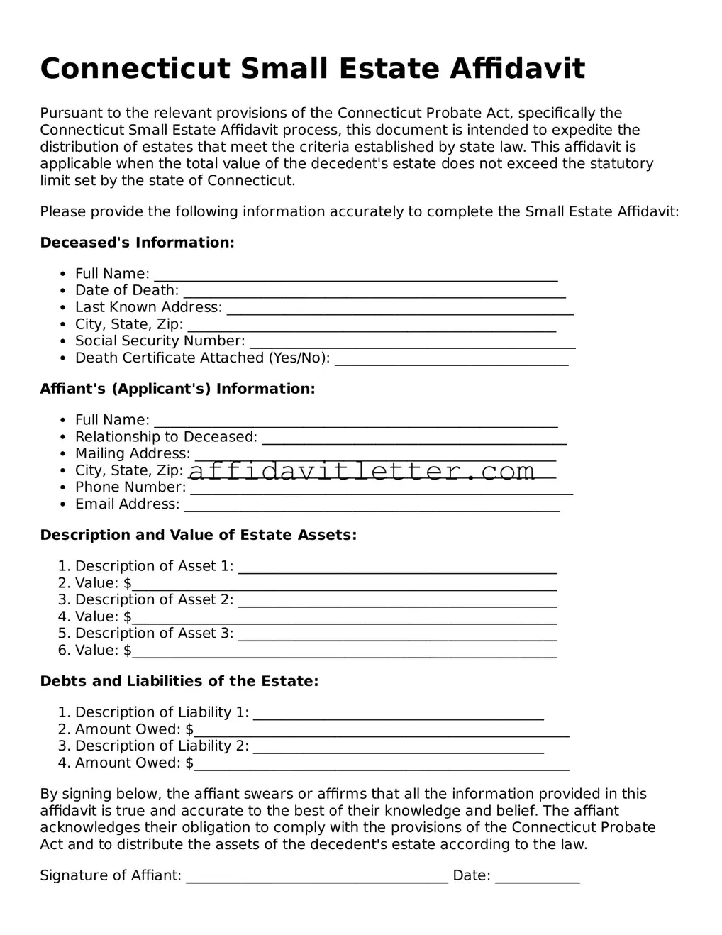 Blank Connecticut Small Estate Affidavit Template