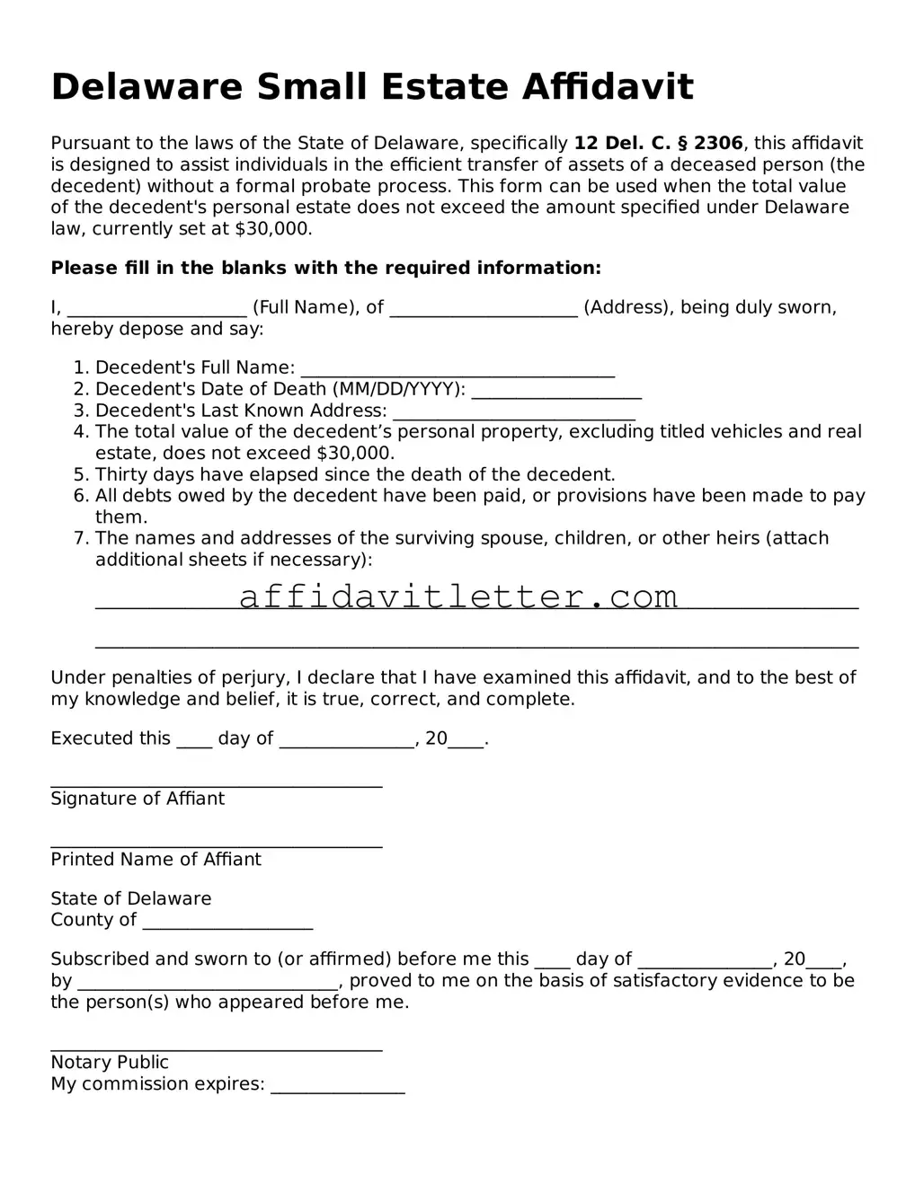 Blank Delaware Small Estate Affidavit Template