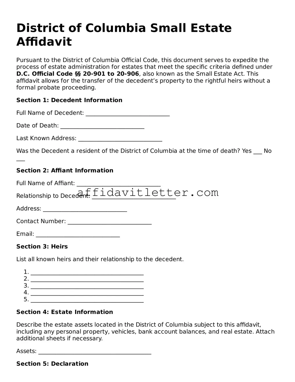 Blank District of Columbia Small Estate Affidavit Template