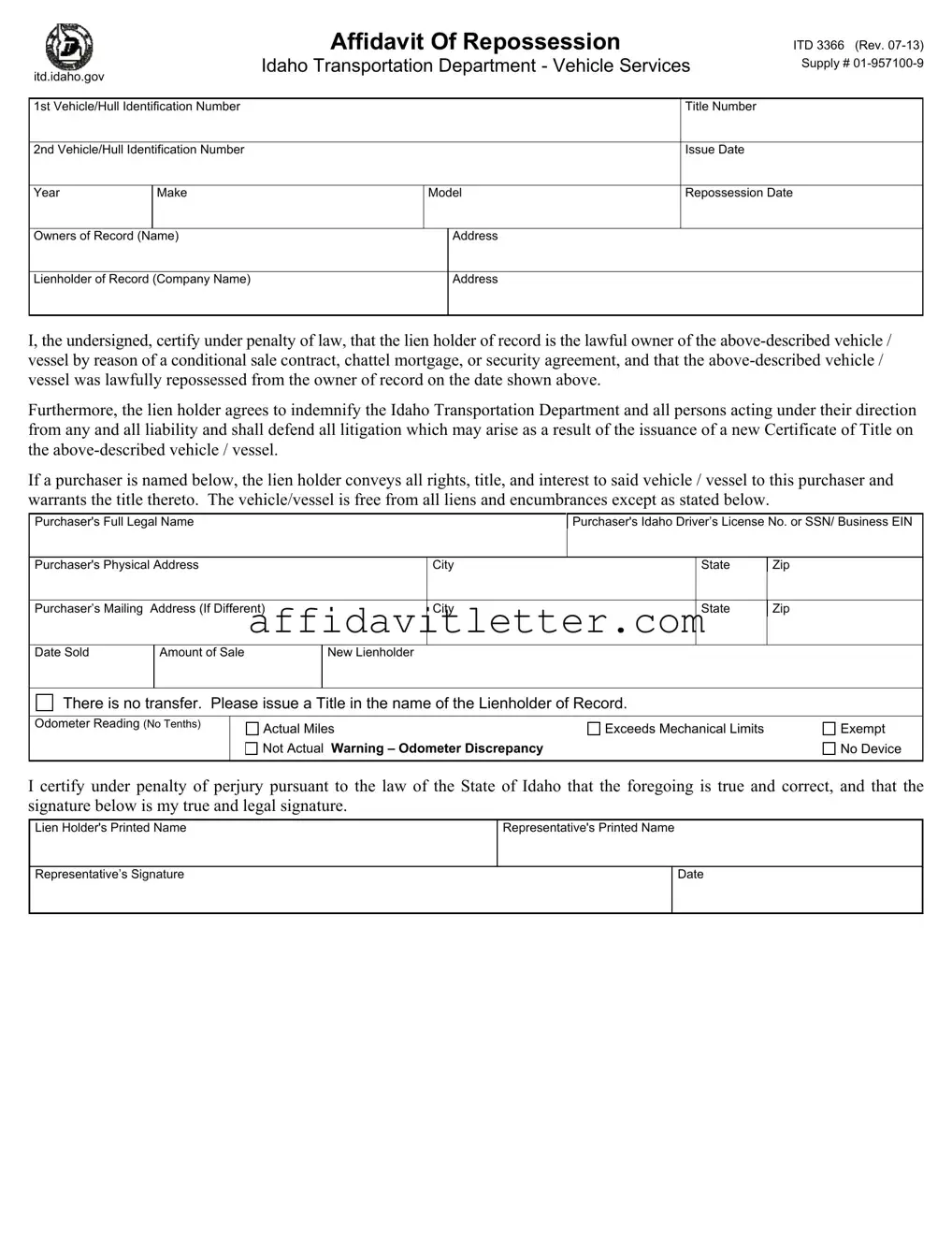 Download Dmv Affidavit Of Repossession Template