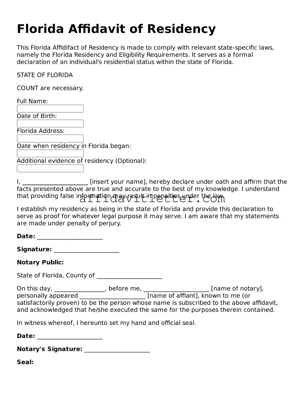Blank Florida Affidavit of Residency Template