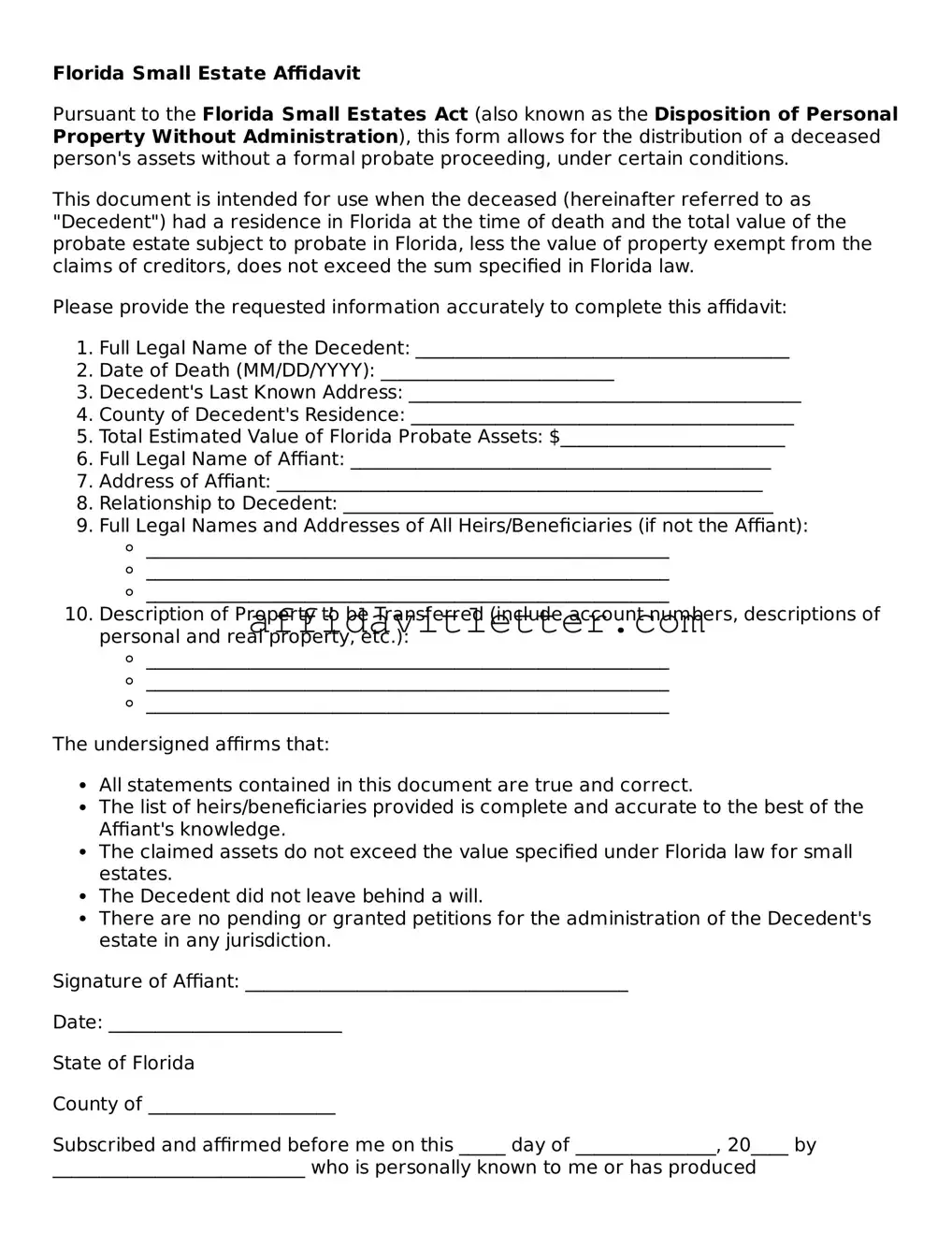 Blank Florida Small Estate Affidavit Template