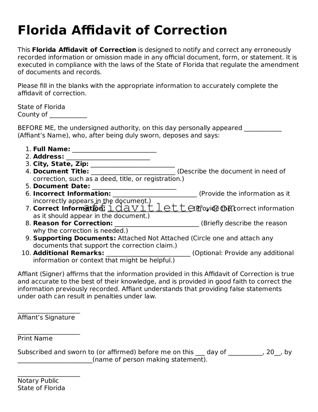 Blank Florida Affidavit of Correction Template