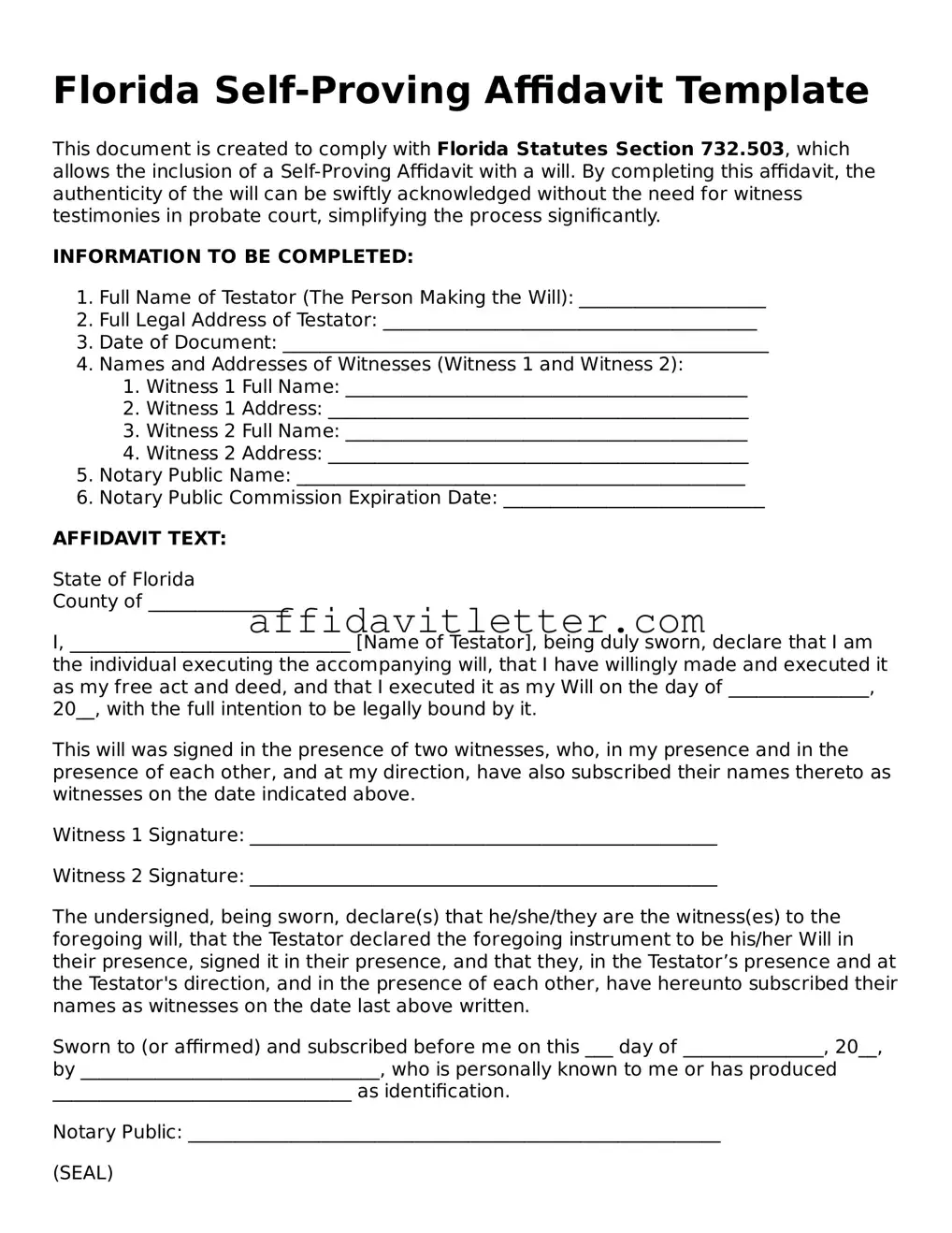Blank Florida Self-Proving Affidavit Template