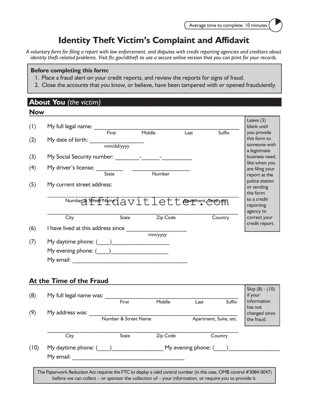 Download Ftc Identity Theft Affidavit Template