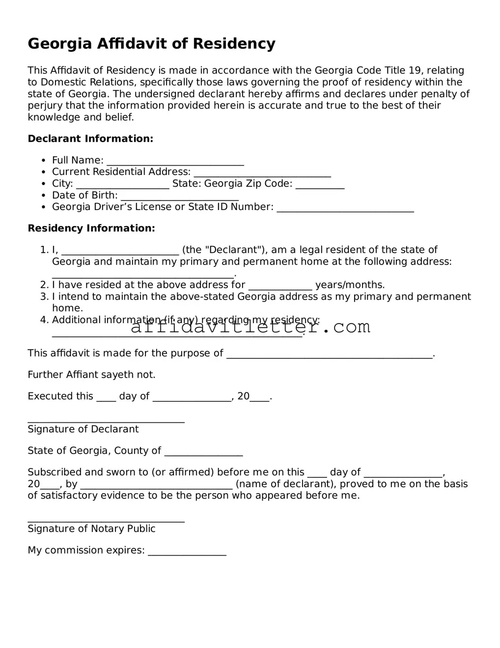 Blank Georgia Affidavit of Residency Template