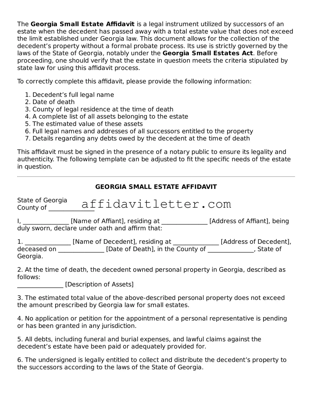Blank Georgia Small Estate Affidavit Template