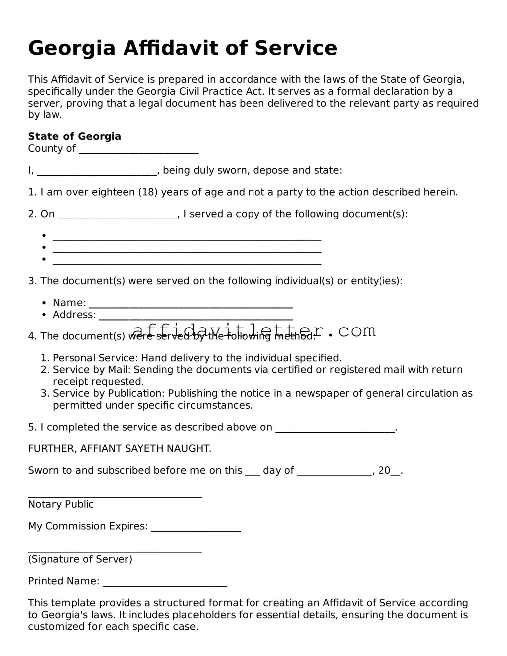 Blank Georgia Affidavit of Service Template