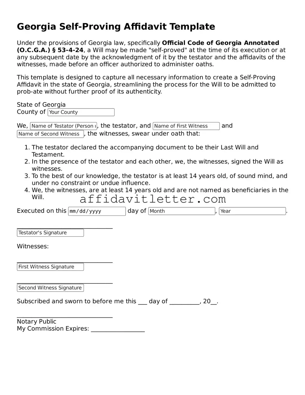Blank Georgia Self-Proving Affidavit Template