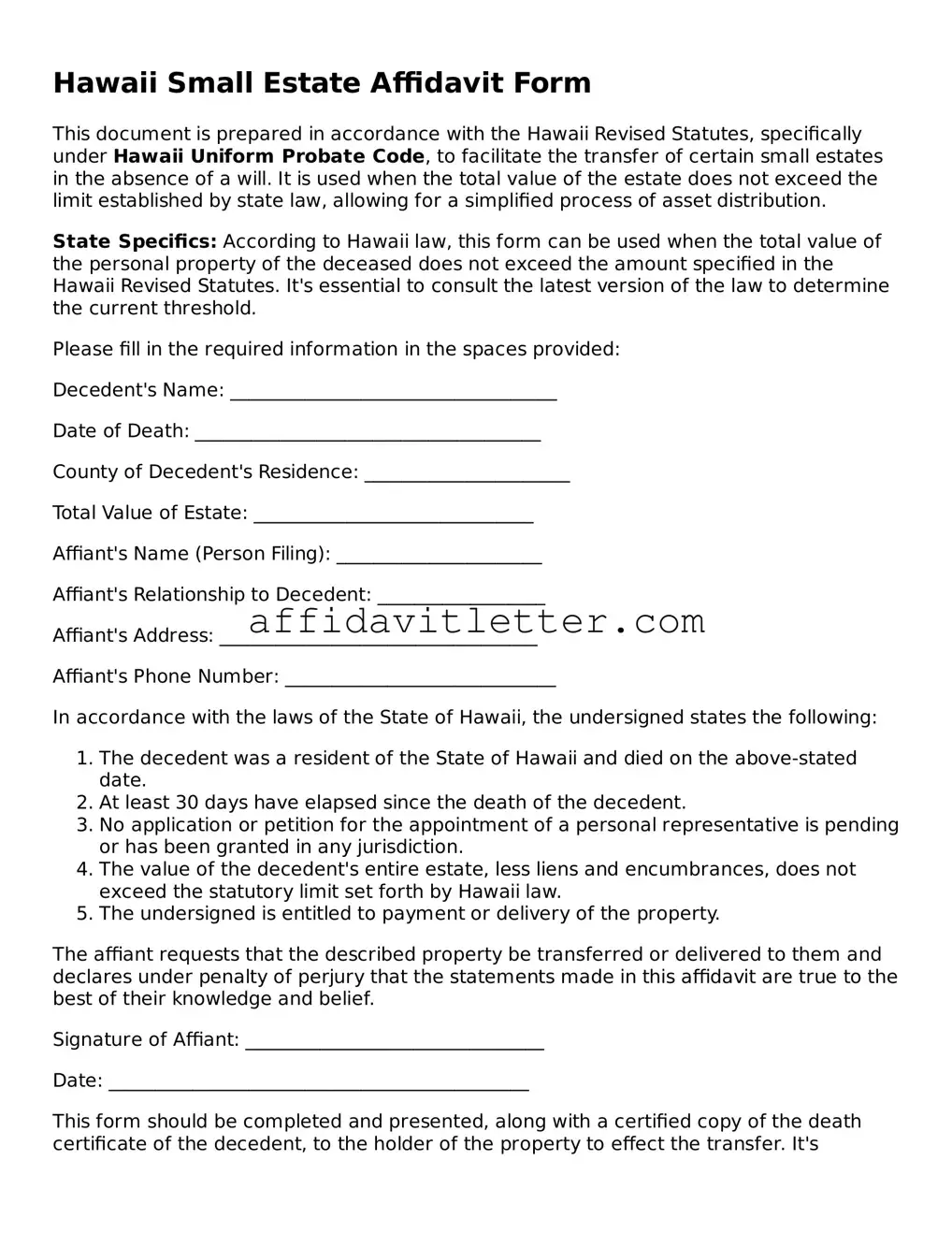 Blank Hawaii Small Estate Affidavit Template