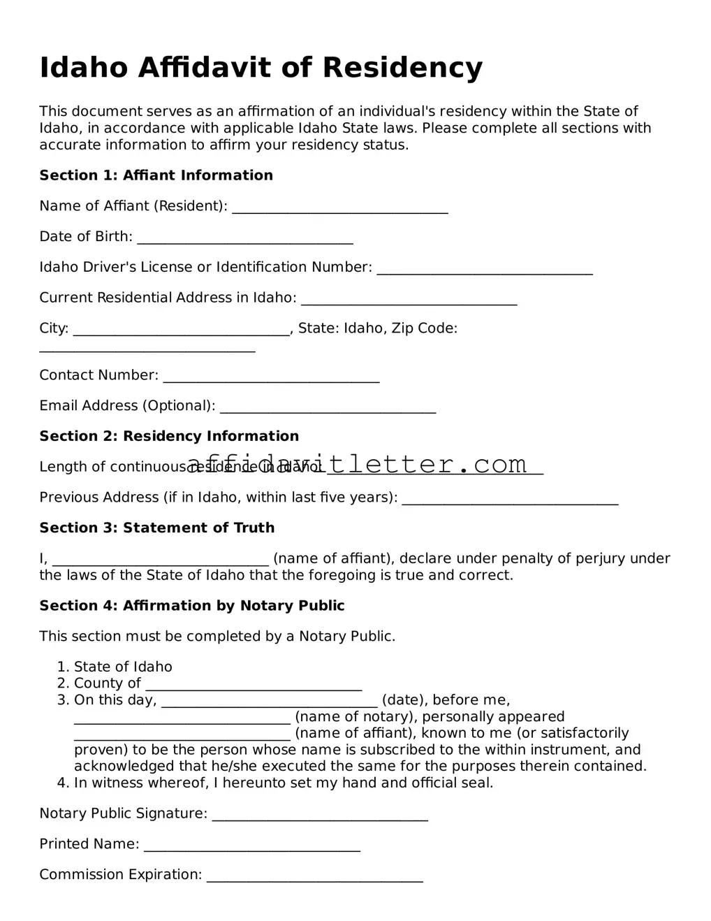 Blank Idaho Affidavit of Residency Template