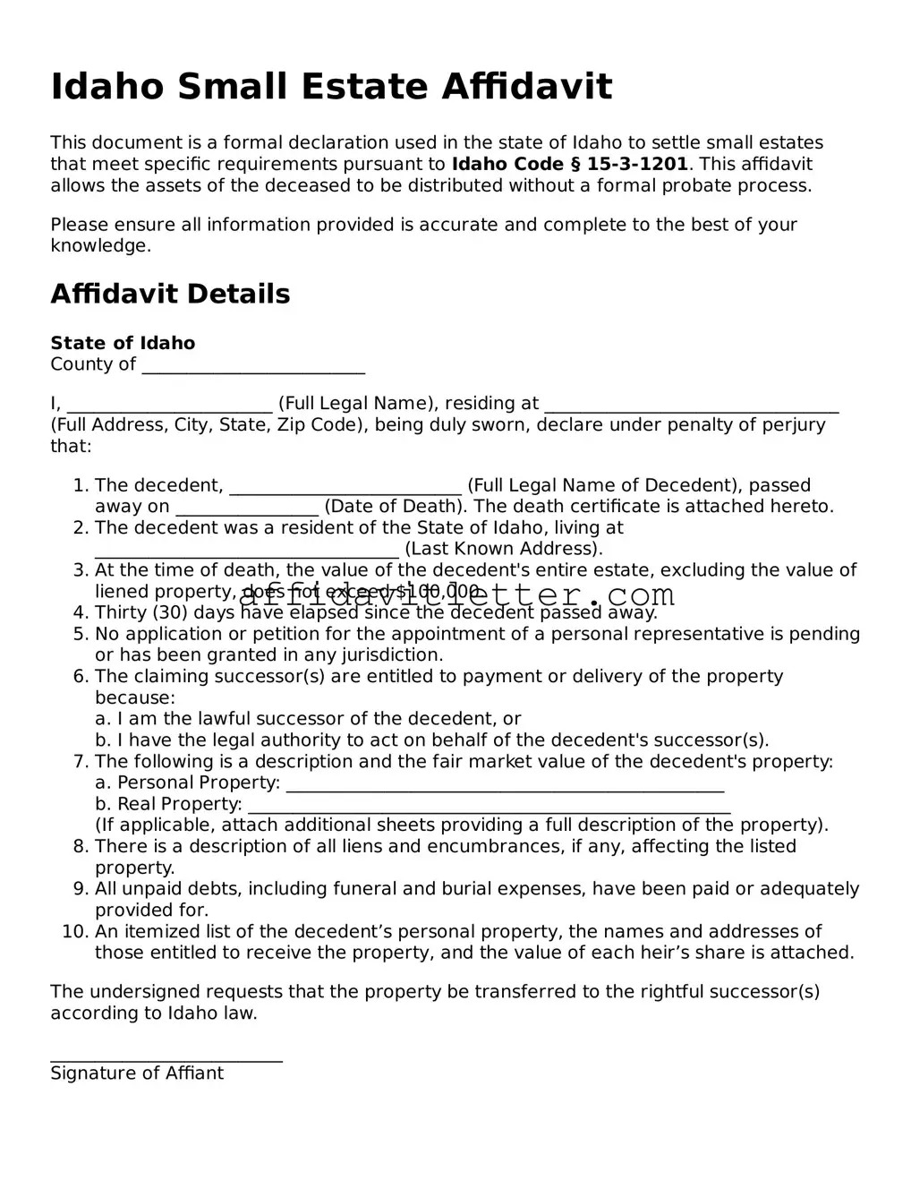Blank Idaho Small Estate Affidavit Template