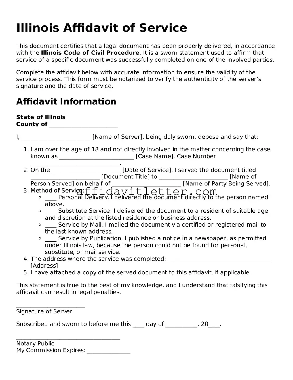 Blank Illinois Affidavit of Service Template