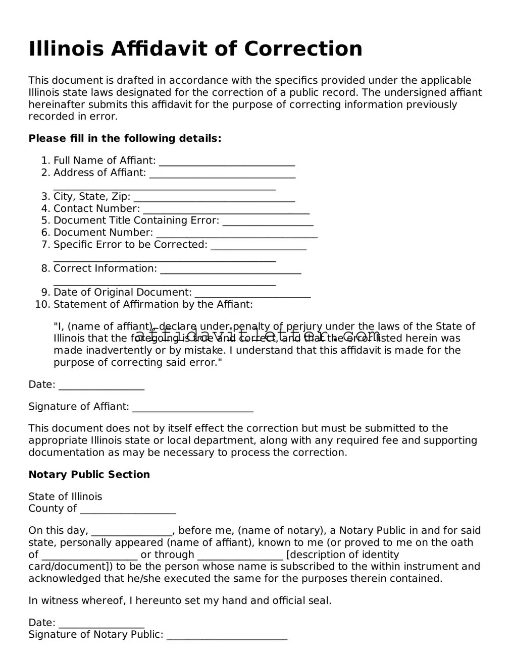 Blank Illinois Affidavit of Correction Template