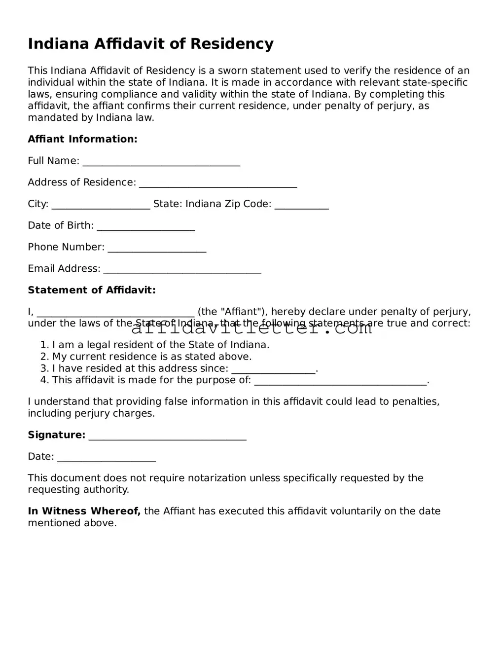 Blank Indiana Affidavit of Residency Template