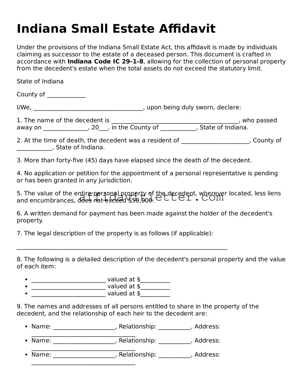 Blank Indiana Small Estate Affidavit Template