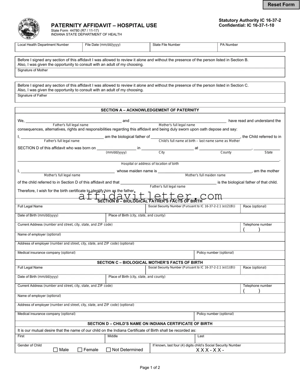 Download Indiana Paternity Affidavit 44780 Template