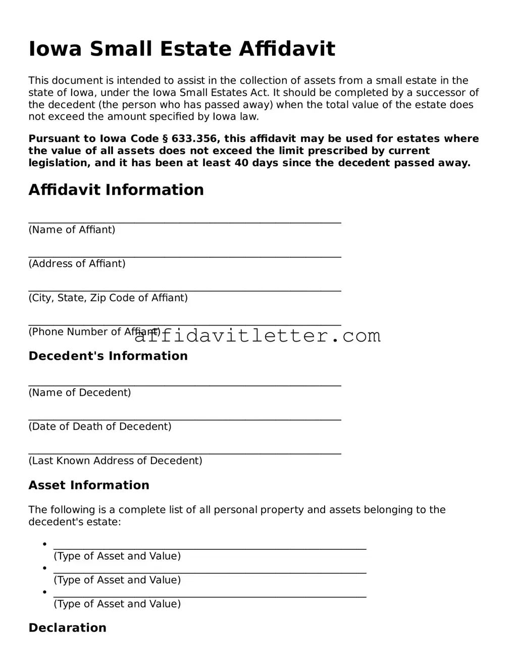 Blank Iowa Small Estate Affidavit Template