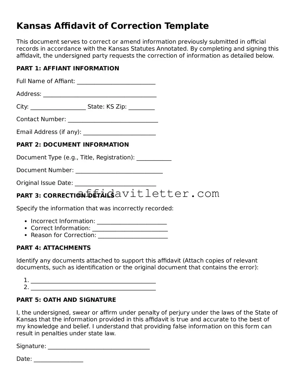Blank Kansas Affidavit of Correction Template