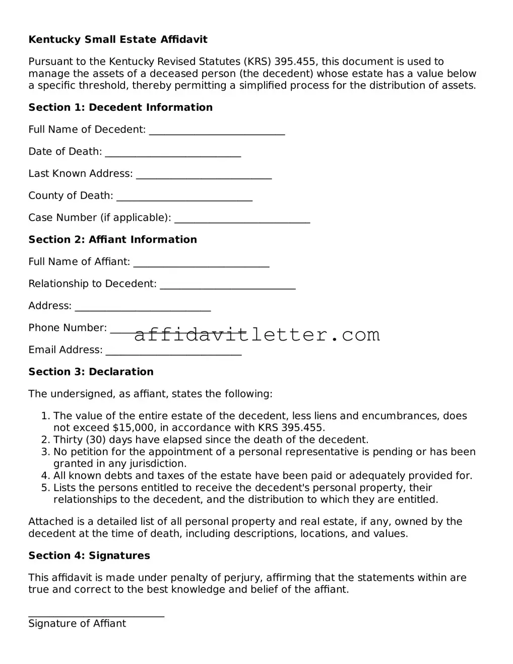 Blank Kentucky Small Estate Affidavit Template