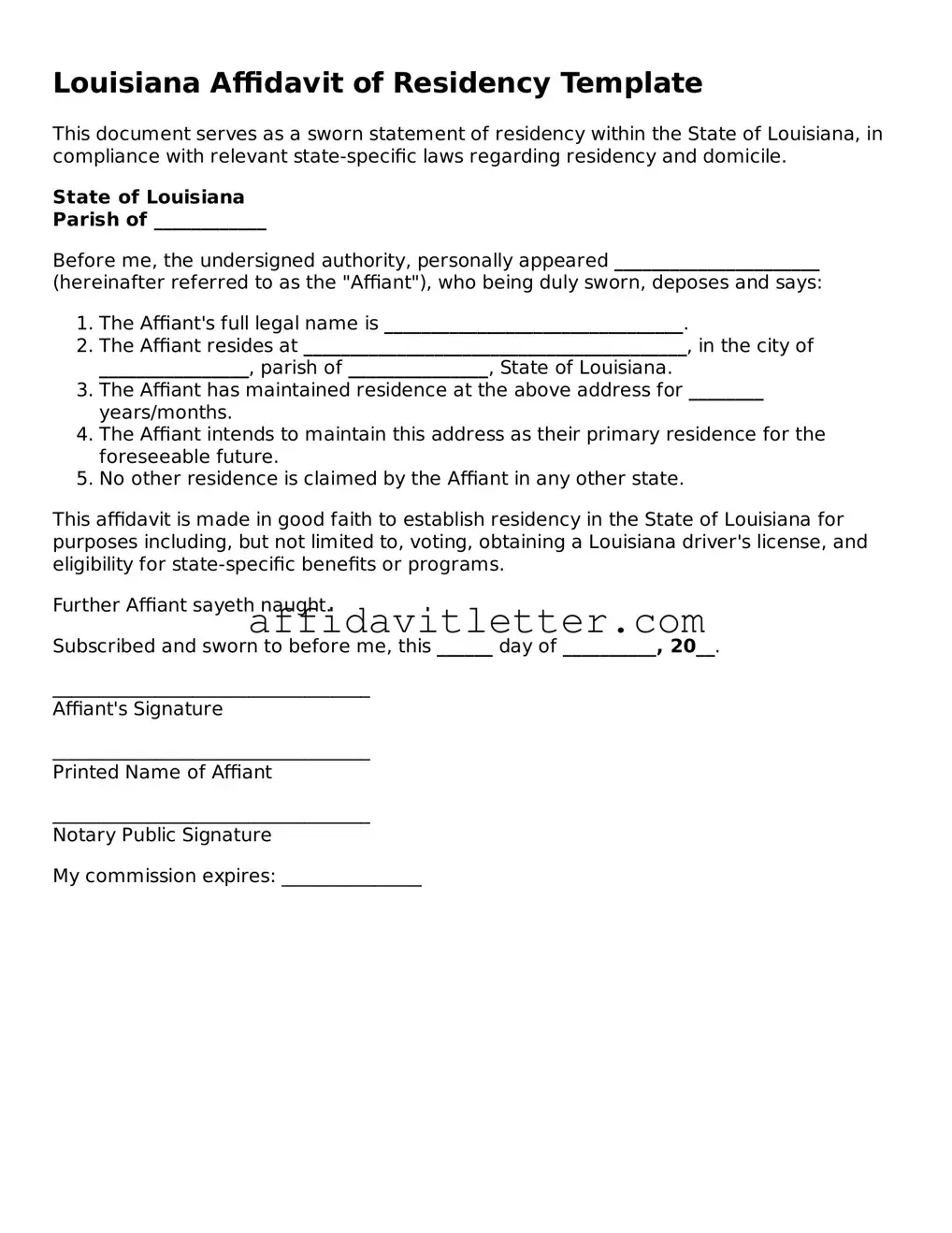 Blank Louisiana Affidavit of Residency Template