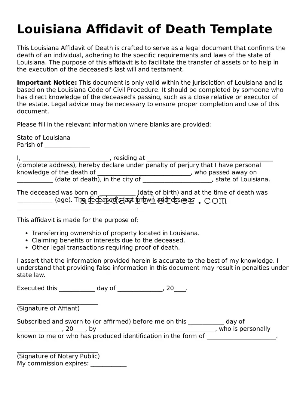 Blank Louisiana Affidavit of Death Template