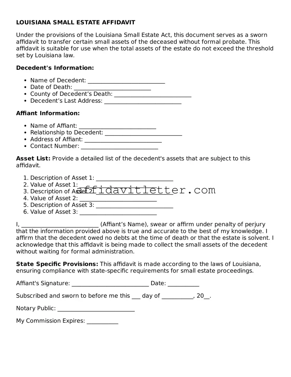 Blank Louisiana Small Estate Affidavit Template
