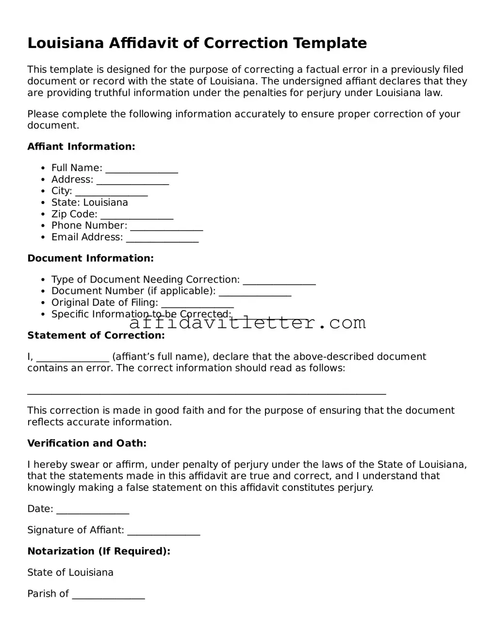Blank Louisiana Affidavit of Correction Template