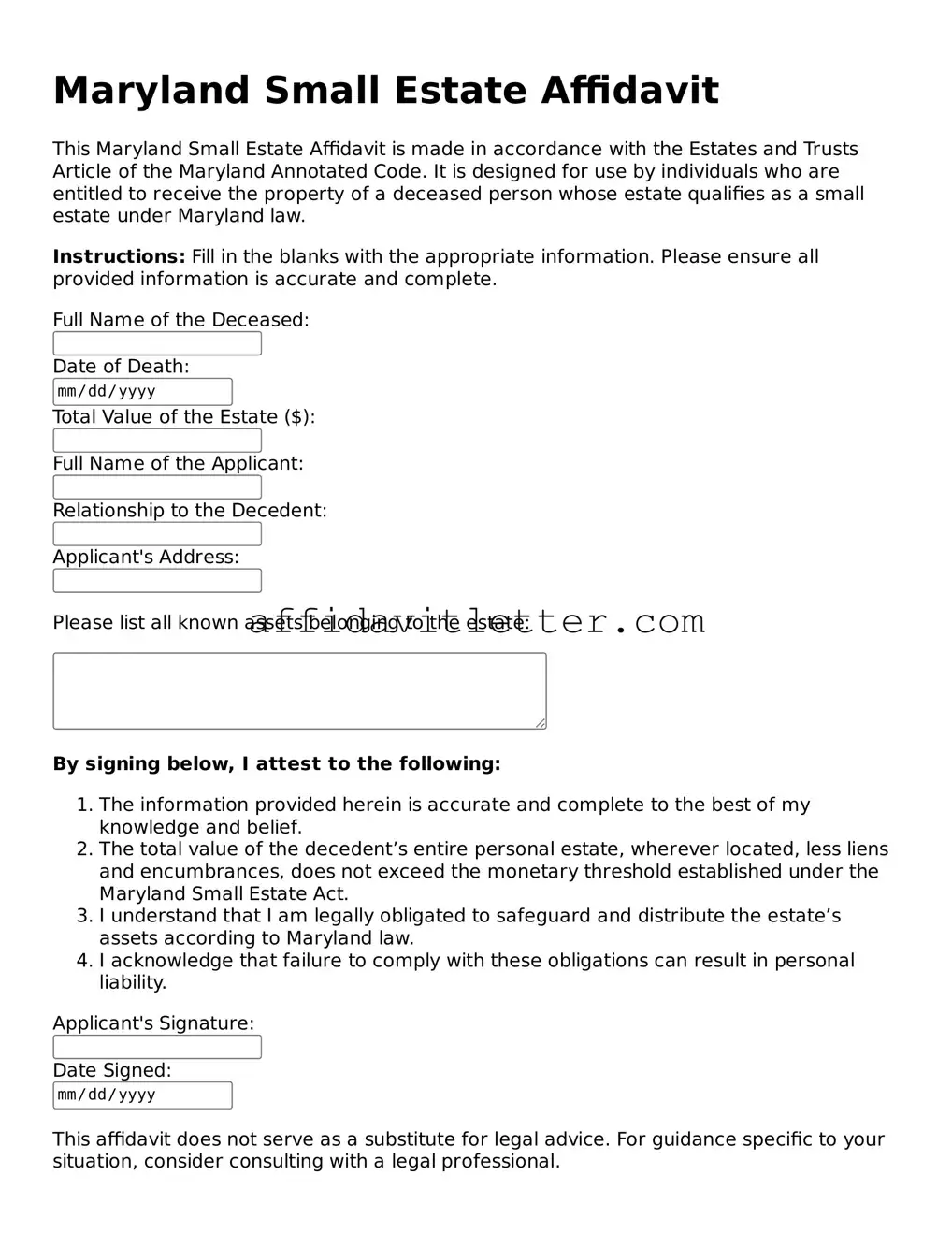 Blank Maryland Small Estate Affidavit Template